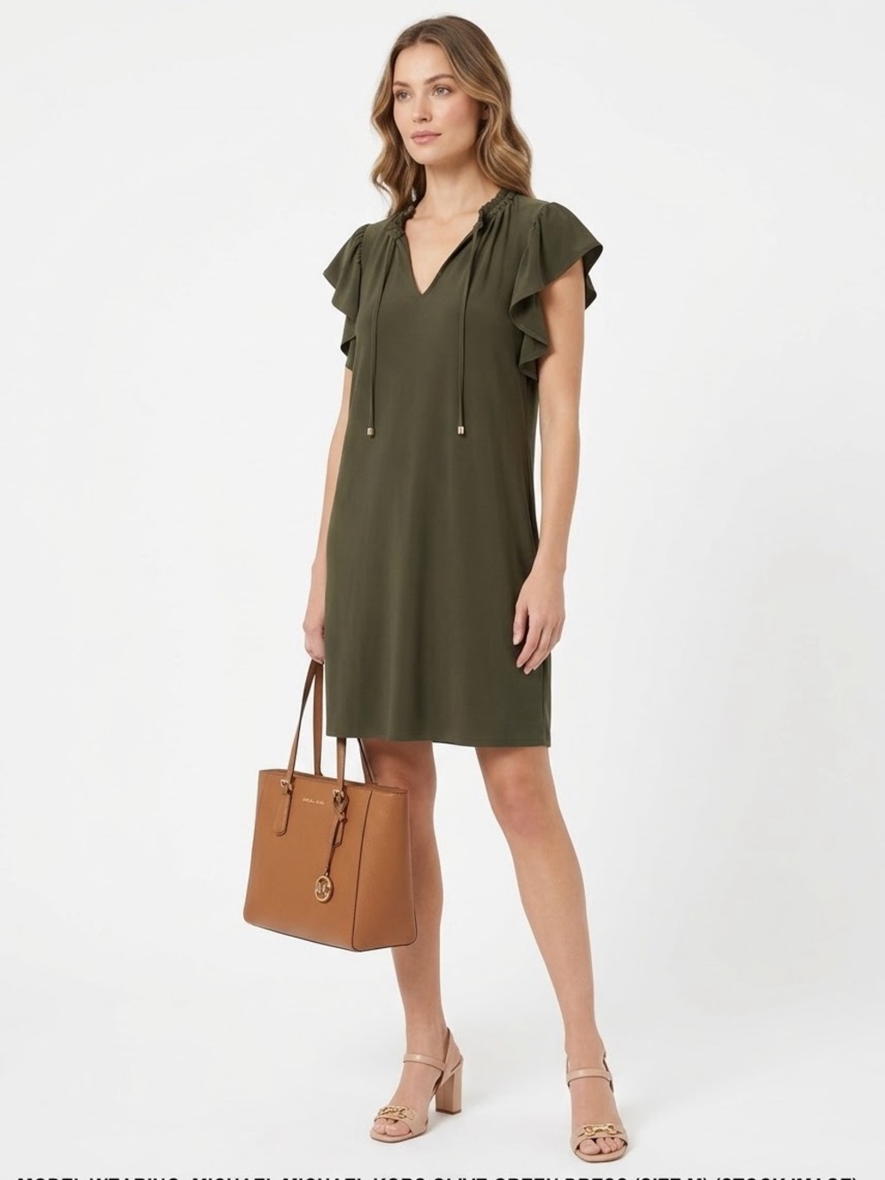 MICHAEL Michael Kors Olive Green Flutter Sleeve Tie Neck Shift Dress Medium